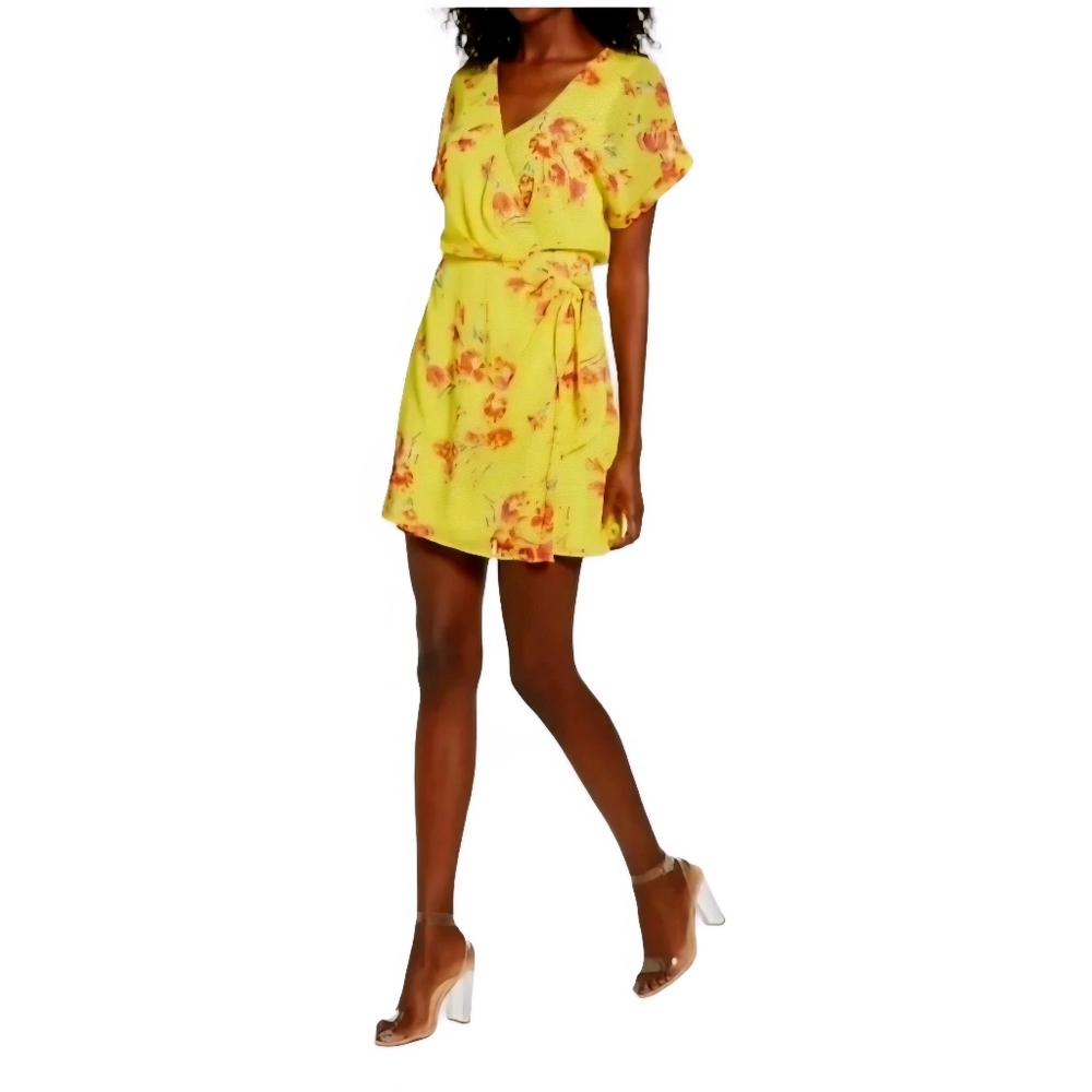 All in Favor Yellow Floral Wrap Dress Sz Medium. Office Spring Break New Busines